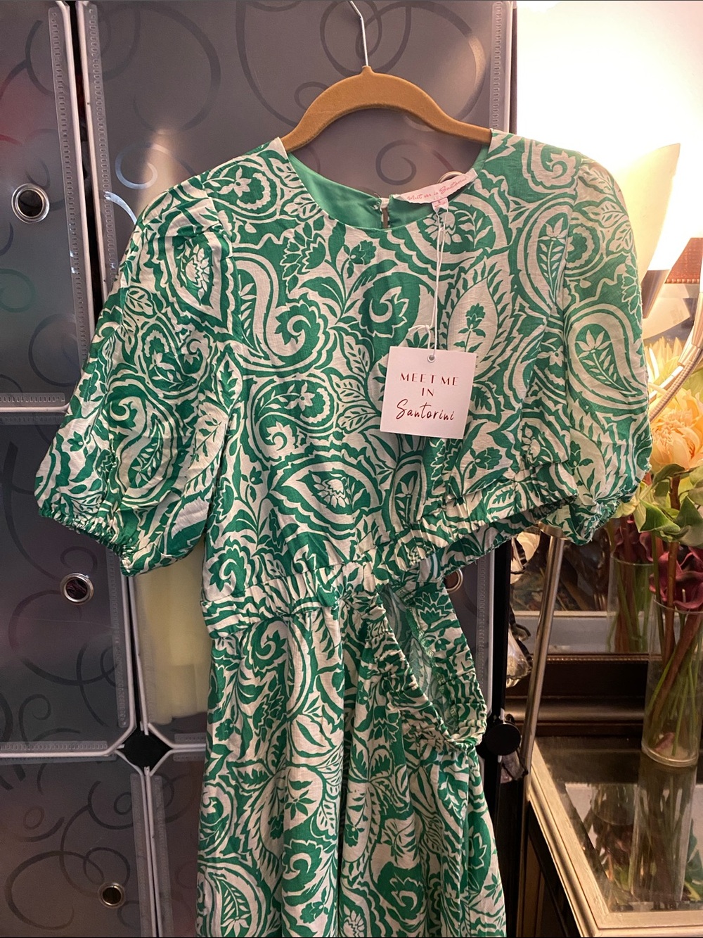 NWT, Santorini Green Printed Puff-Sleeve Mixi Dress